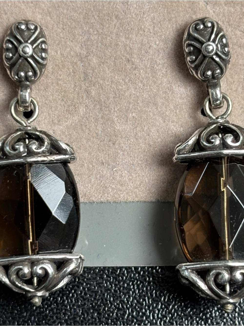 Brighton Night Mist Smoky Quartz Dangle Pierced Earrings Silvertone 1.5" Long